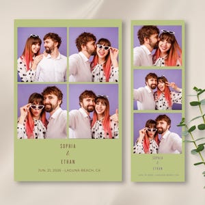 Op de afbeelding: Een lichtgroene fotostrook en een kleinere fotostrook met meerdere afbeeldingen van een stel. Het stel lacht en draagt een zonnebril. De tekst "Sophia & Ethan" en de datum "Jun. 21, 2026" zijn zichtbaar.