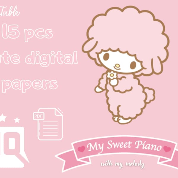 my s-weet piano and my m-elody cute digital papers - kawaii digital paper - 15 pcs printable papers- s-anrio