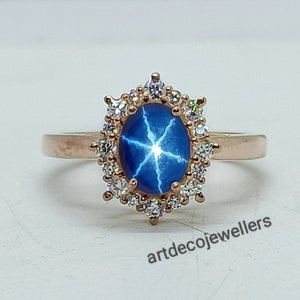 Vintage Lindy Star Ring: Blue Star Sapphire, CZ, 925 Sterling Silver