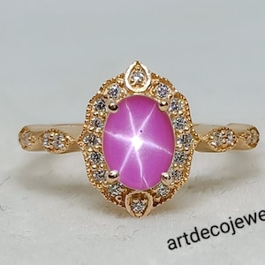 Vintage Pink Lindy Star Sapphire Engagement Ring, oval Star Sapphire ring, 14k rose gold, unique ring, art deco design, gift for Women