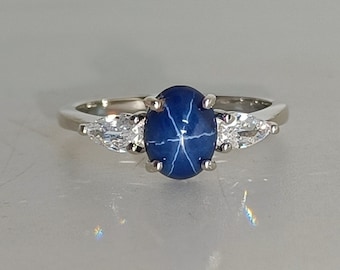 Three Stone Blue Lindy Star Ring, Star Sapphire Ring, 6 Rays Star Gemstone, Promise Ring, Handmade Ring, Mothers Day Gifts