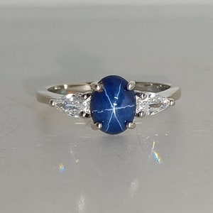 Blue Lindy Star Sapphire Ring: Sterling Silver, CZ Diamonds