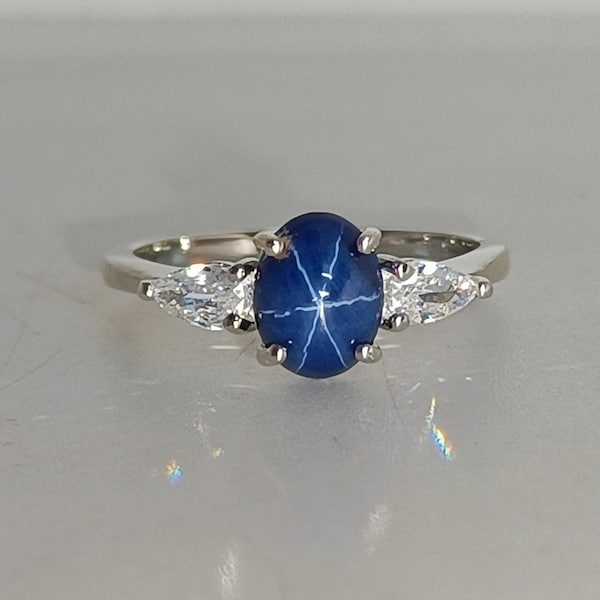 Three Stone Blue Lindy Star Ring, Star Sapphire Ring, 6 Rays Star Gemstone, Promise Ring, Handmade Ring, Mothers Day Gifts