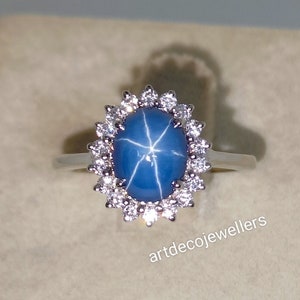 Blue Star Sapphire Halo diamond Ring, Star Gemstone, Lindy Star Ring, 925 Sterling Silver, Star Saffire Ring, Gift For Her