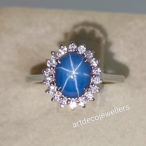 Blue Star Sapphire Halo Ring: Sterling Silver Lindy Star Gemstone