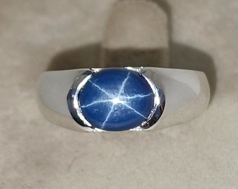 Star Sapphire Men Ring, Star Gemstone Men Ring, Lindy Star Sapphire, 925 Sterling Silver, 6 Rays Star, Men&#39;s Ring, Fathers Day Gifts