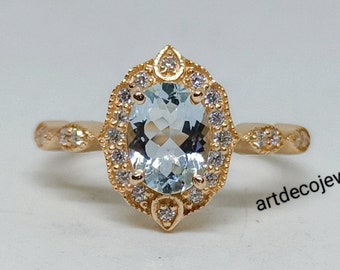 100% genuine aquamarine ring, engagement ring, oval aquamarine ring, 14k rose gold, unique ring, art deco design, gift for her