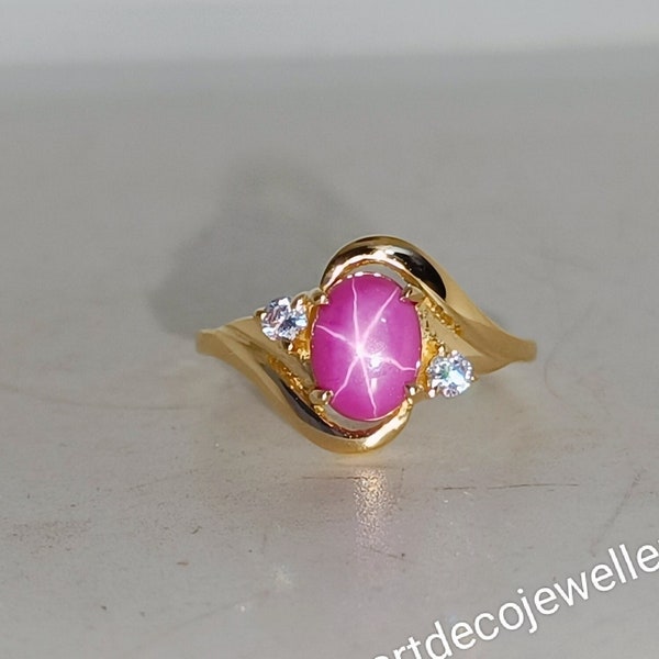 10k Gold Pink Lindy Star Sapphire Ring, Pink Star Engagement Ring, 6 Rays Star, Simple Promise Ring, Star Gemstone,  Gift for Her