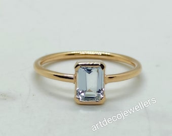 Emerald Cut Aquamarine Ring: 14k Rose Gold Solitaire, March Birthstone