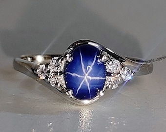 blue star sapphire ring, linde star sapphire ring, 6 rays star, 6×8mm oval cabochon gemstone, star gemstone ring