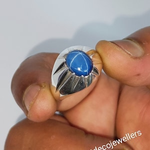 Men&#39;s Blue Star Sapphire Ring, Solid Men&#39;s Ring, Star Gemstone, Lindy Star Men&#39;s Ring, 925 Sterling Silver, Father&#39;s Day Gift for Him