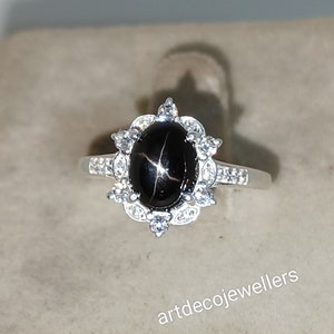 Bague diopside étoile noire, bague halo de diamants, pierre précieuse étoile, bague étoile Lindy, argent sterling 925, bague saphir étoilé, cadeau pour elle