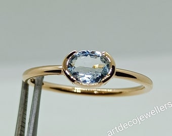 14k Gold Aquamarine Ring: Oval Cut March Birthstone Promise Ring