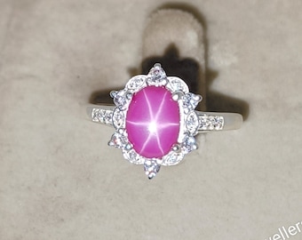 Pink Star Sapphire Halo diamond Ring, Lindy Star Ring, 925 Sterling Silver, Star Engagement Ring, Star Sapphire Ring, Gift For Her
