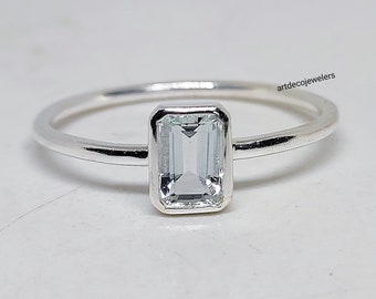 Dainty Aquamarine Solitaire Ring: Emerald Cut Sterling Silver Promise Ring