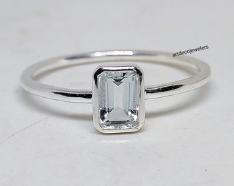 dainty aquamarine solitaire ring, natural emerald cut baguette aquamarine, simple promise ring, wedding ring, gift for her