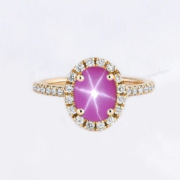 14k Gold Pink Star Sapphire Engagement Ring, Lab created Pink Star Sapphire, Halo Diamond Ring,  Star Saffire Ring, Gift for Her