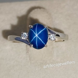 Bague vintage saphir étoilé bleu : argent sterling, cabochon 6 x 8 mm