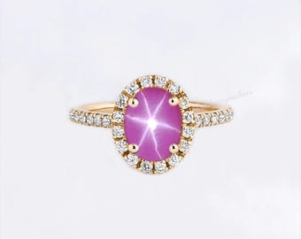 Pink Star Sapphire Engagement Ring: Sterling Silver Halo Ring