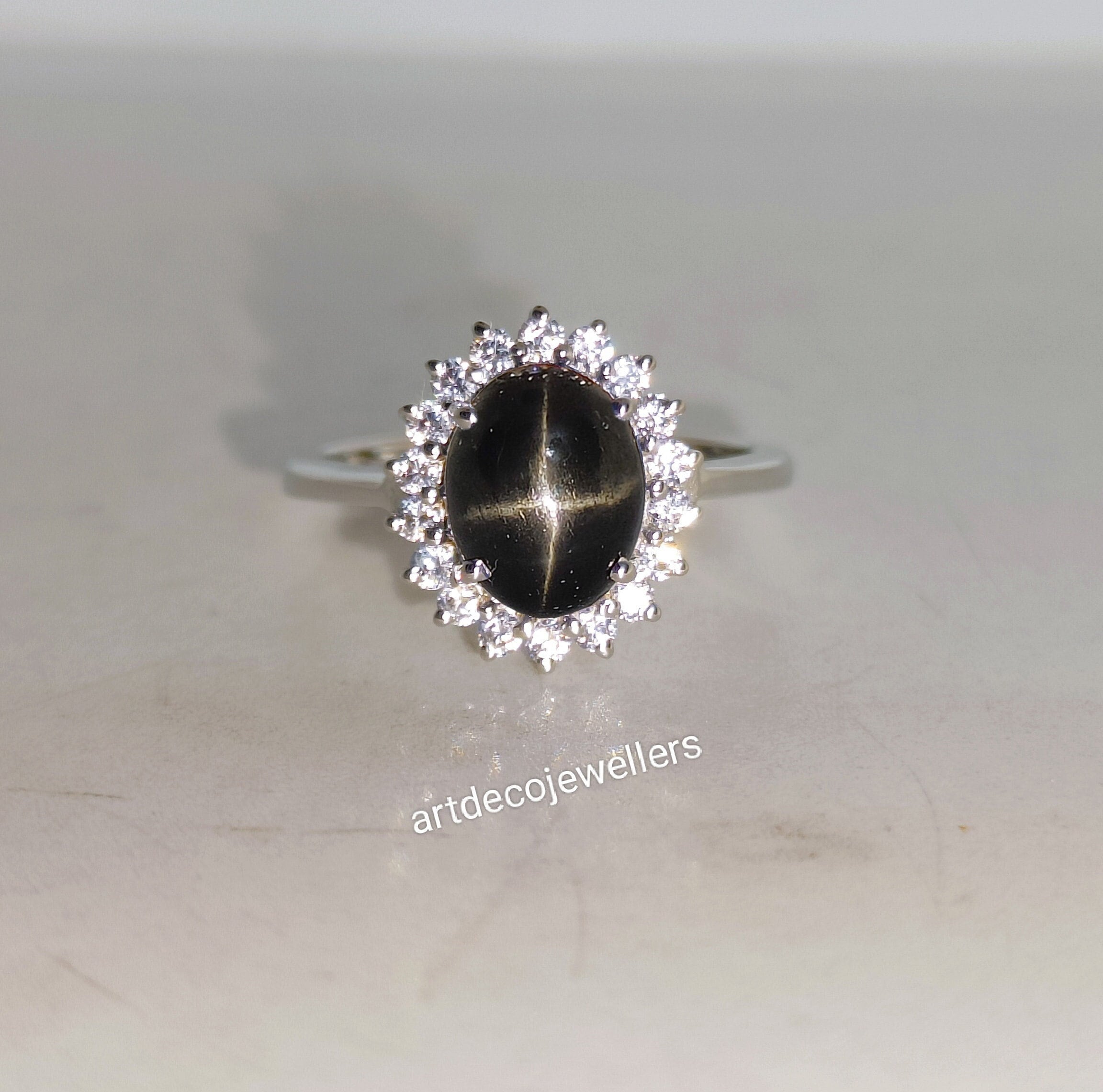 Black Star Sapphire Ring: Sterling Silver Halo, CZ Diamonds