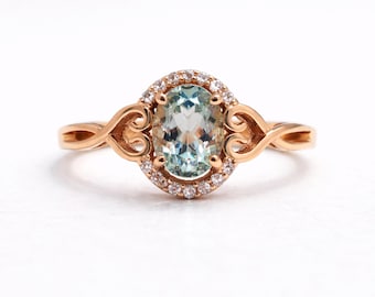 Anillo de aguamarina natural AAA: Anillo de compromiso Art Déco de oro rosa de 14k