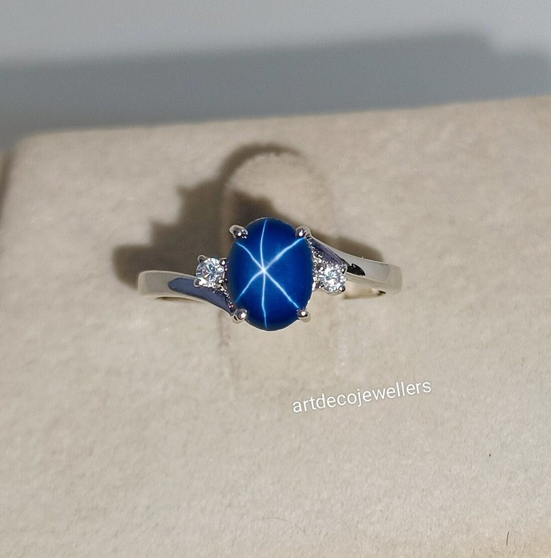 Blue Star Sapphire Cabochon Ring 46.90 ct with Diamonds in Platinum -  HM2533AN - NK Industries LTD