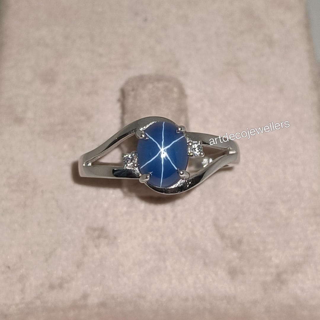 Blue Star Sapphire Ring 6x8mm Oval Lab Created 925 Sterling Silver CZ ...