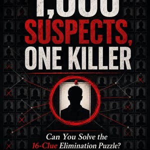 Può includere: Una copertina di scatola di gioco intitolata 1,000 SUSPECTS, ONE KILLER con il sottotitolo Can You Solve the 16-Clue Elimination Puzzle? di Nathan Blackwood. Il design presenta una silhouette centrale di una persona cerchiata in rosso su una griglia.