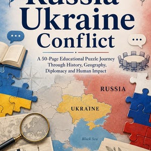 May include: A book cover titled Understanding the Russia-Ukraine Conflict: A 50-Page Educational Puzzle Journey Through History, Geography, Diplomacy and Human Impact. It features a map, puzzle pieces, a magnifying glass, and a fountain pen.
