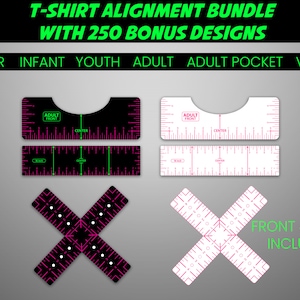 Puede incluir: Gráfico que muestra herramientas de alineación para camisetas, adecuadas para tallas de niño, bebé, joven y adulto. El diseño incluye guías de alineación frontal y trasera, con el texto "T-SHIRT ALIGNMENT BUNDLE WITH 250 BONUS DESIGNS". Formatos de archivo: PSD, DXF, PDF, SVG, EPS y PNG.