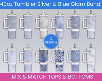 40oz Tumbler Design Bundle, Blue Silver Glam Full Wrap Tumblers PNG, Glitter Tumbler Design, 40oz  Glam Quencher PNG, Tumbler Design Bundle