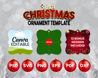 Può includere: Un set di modelli di ornamenti natalizi da 7,6 cm in vari formati di file, tra cui PSD, SVG, PNG, EPS, PDF e DXF. I modelli presentano un design verde, rosso e blu con il testo "Canva Editable" e "12 Bonus Designs Included".