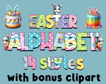 Easter Alphabet Bundle PNG , Doodle Easter PNG Letters, Numbers & Accessories, Easter Sublimation Design, Easter Font