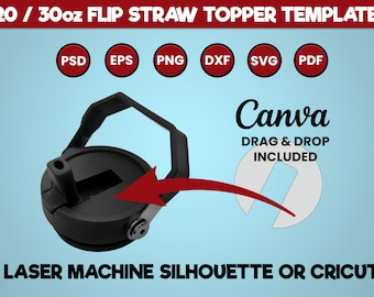 May include: A black 20 or 30 ounce flip straw topper template for use with a laser cutting machine. The template is compatible with Silhouette and Cricut machines. The image shows the template with a red arrow pointing to the straw opening.