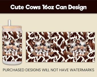 16oz Can Design, Cute Cows Glass Can PNG, 16oz Sublimation Design