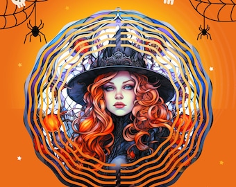 Peut inclure: Une sorcière aux longs cheveux roux portant un chapeau noir et une robe noire. La sorcière est entourée d'un motif circulaire orange et noir avec un motif de toile d'araignée.