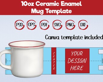 Może przedstawiać: Biały ceramiczny kubek z czerwoną obwódką, szablon w kolorze niebieskim i białym z tekstem "CENTER" i "YOUR DESIGN HERE" w kolorze czerwonym oraz tekstem "10oz Ceramic Enamel Mug Template" w kolorze czarnym.