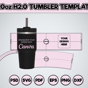 Op de afbeelding: Een sjabloon voor een 20-ounce tumbler met een zwart en zilver ontwerp. De sjabloon bevat een ontwerpgebied om tekst of afbeeldingen toe te voegen. De tekst "DRAG&DROP YOUR DESIGN WITH Canva" staat op de tumbler. De sjabloon is beschikbaar in de formaten PSD, SVG, PDF, EPS, PNG en DXF.