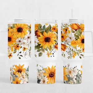 Boho Floral Sunflowers 40oz Quencher Tumbler Wrap - Seamless Flowers PNG Tumbler Design Sublimation Designs Downloads - PNG