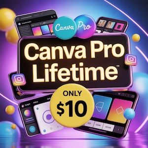 以下が含まれることがあります： Canva Pro Lifetimeを宣伝するデジタルグラフィック。デザインは、黄色の「Canva Pro Lifetime」という文字が入った黒い長方形で、携帯電話のモックアップ、Instagramのアイコン、そして「ONLY $10」と書かれた黄色の円で囲まれています。