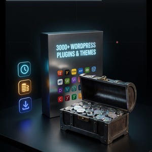 May include: A metallic rectangular box labelled 3000+ WORDPRESS PLUGINS & THEMES with various software icons, positioned next to an open treasure chest filled with metallic coins. Glowing blue and orange icons appear on the left side of the display.