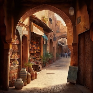 Vibrant Souks of Marrakesh, Morocco Art Print on Canvas or Poster with various frames image 1