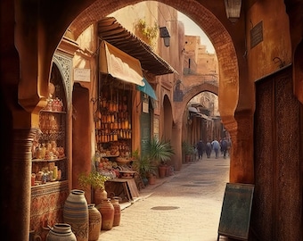 Lebendige Souks von Marrakesch, Marokko | Kunstdruck auf Leinwand oder Poster (mit verschiedenen Rahmen)