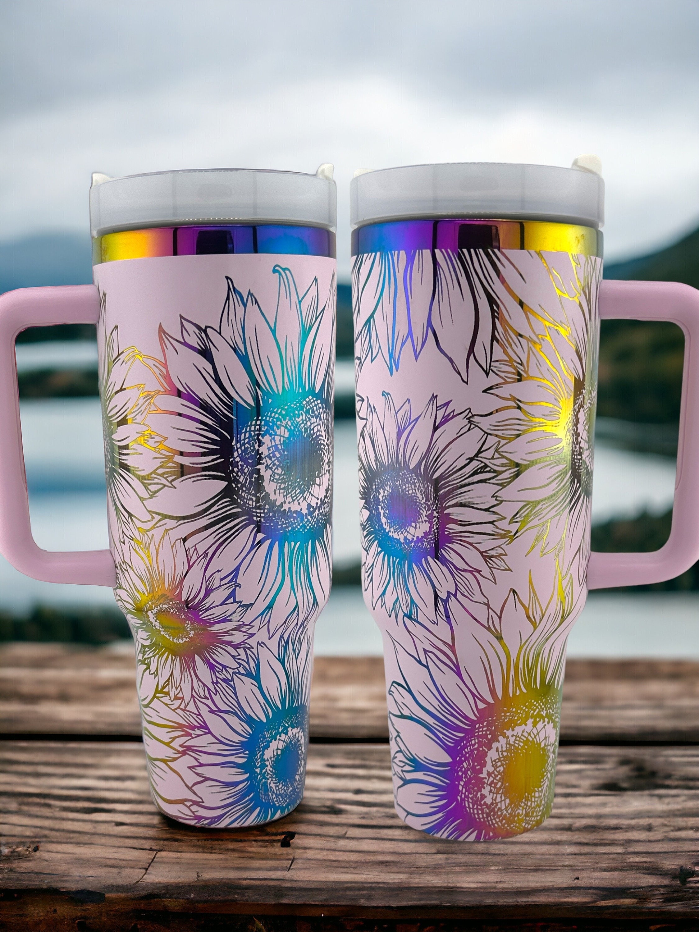 Discover Rainbow Sunflower 40oz Engraved Tumbler with Handle and Straw