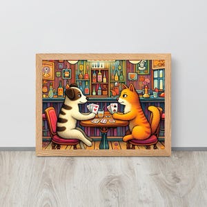Póster digital kawaii de perro y gato jugando a cartas – Fun Vintage Animal Illustration to Print
