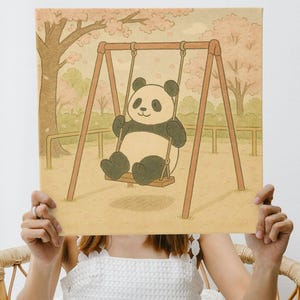 Kawaii panda on swing poster – Cute Japanese style printable digital print – Square wall decoration for children