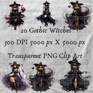 Gotische zwarte jurk heks elegantie: 20 betoverende mooie gotische heksen clipart collectie, prachtige heksen die zwarte jurken dragen