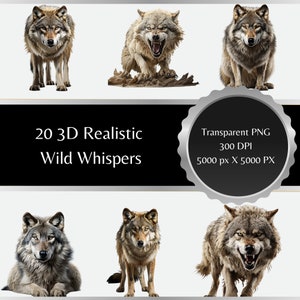 May include: A set of 20 3D realistic wolf images, perfect for digital design projects. The wolves are rendered in a variety of poses, including standing, sitting, and howling. The images are high-resolution and transparent PNG files, making them easy to use in any design project.