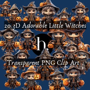 Schattige 3D Heks & Pompoen Clipart: Betover je creaties! Schattige kleine heksen mooie 3D clipartafbeeldingen