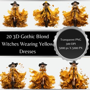 Enchanted Elegance: 3D Blond Witches in Sunlit Gowns Clipart | Mesmerizing Sorceresses in Golden Attire